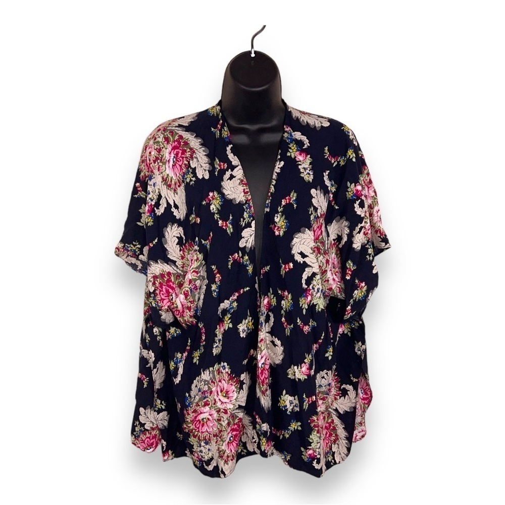 ONE SIZE DO EVERYTHING IN LOVE KIMONO TOP BLUE FLORAL OPEN FRONT LIGHTWEIGHT